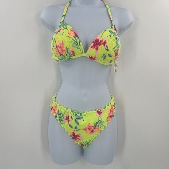 PINK Victoria's Secret Size M Yellow Floral Bikini Top Large Mini Bikini Bottom - Picture 1 of 11